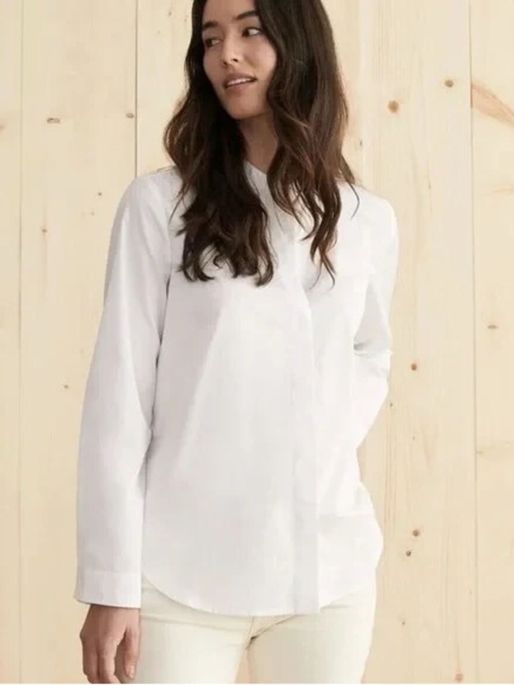 Jenni Kayne Collarless Hidden Button Placket Button Up Shirt